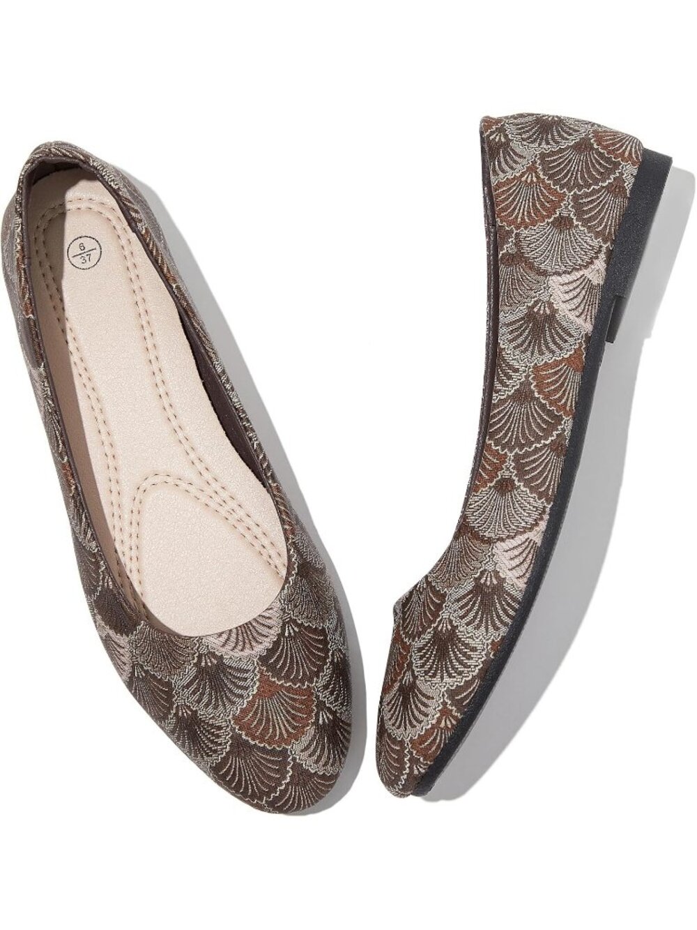 Womens Tan Pattern PU Leather Non Slip Low Heel Slip on Ballet Loafer Flat Shoes